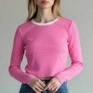 SKIMS Pink Ribbed Long Sleeve Crew with White Neck Trim